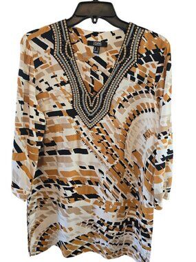 Tunic top printed woven top Dennis Basso embellishment size XS side slit